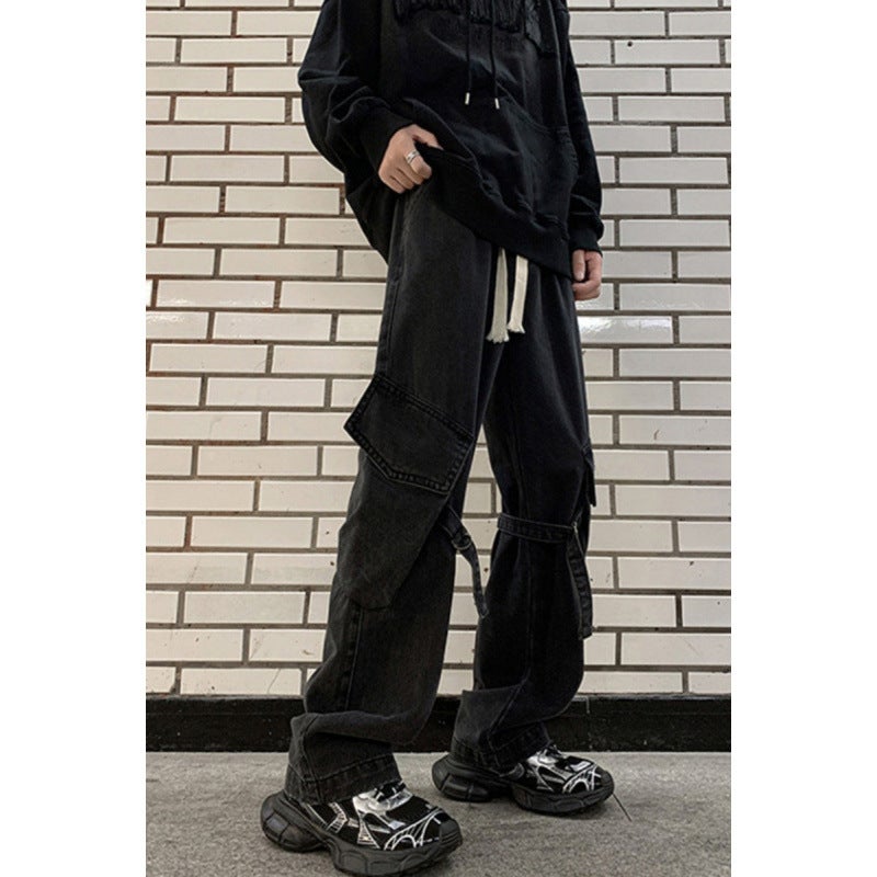 جينز كارجو متعدد الجيوب للرجال والنساء من الشارع الأمريكي، ربيع، خريف وصيف، بنطلونات كاجوال فضفاضة مستقيمة واسعة الساقين - Image 1